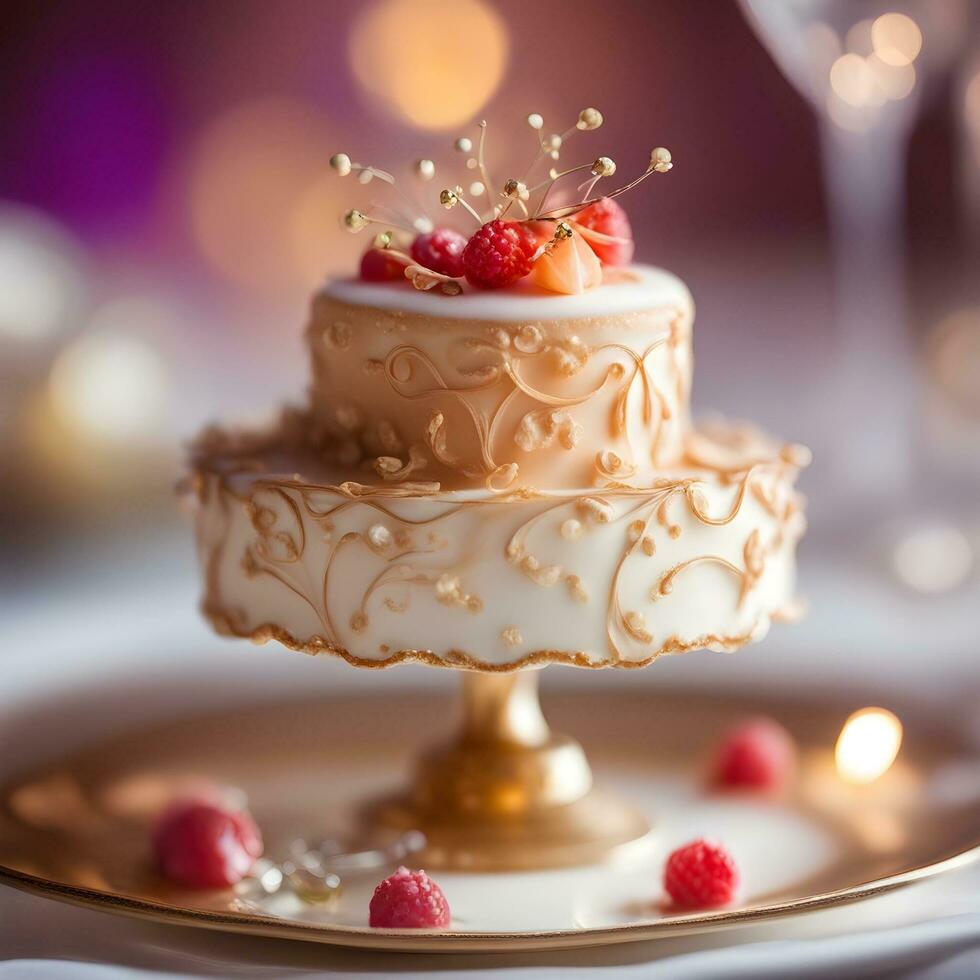 AI generated a small cake on a gold plate with raspberries photo