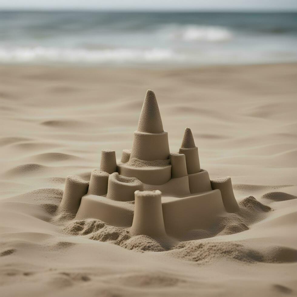 ai generado un arena castillo es mostrado en el playa foto