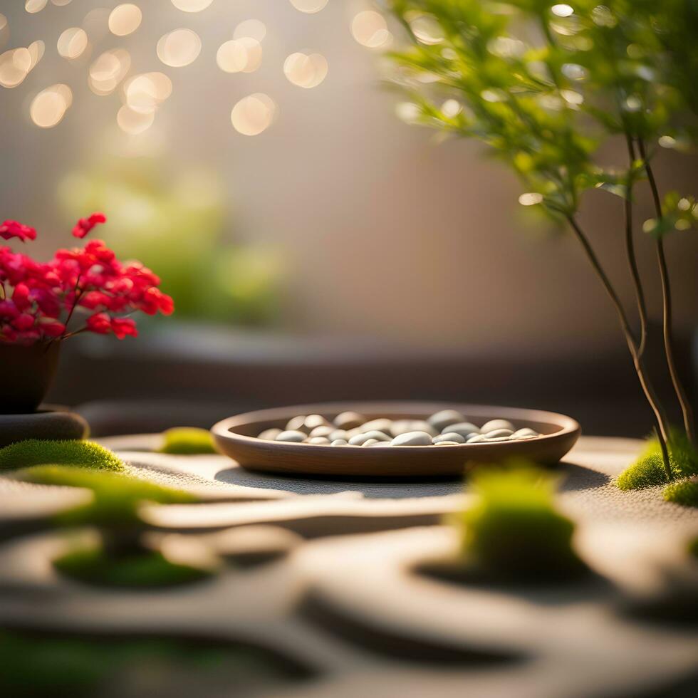 AI generated a small table with a bowl of stones and a small plant photo