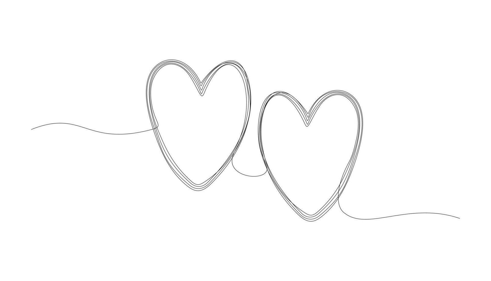 Continuous one line drawing of two hearts. Black single line art isolated on white background. Minimalist illustration of love concept. Abstract love symbol for Valentines day. Vector illustration