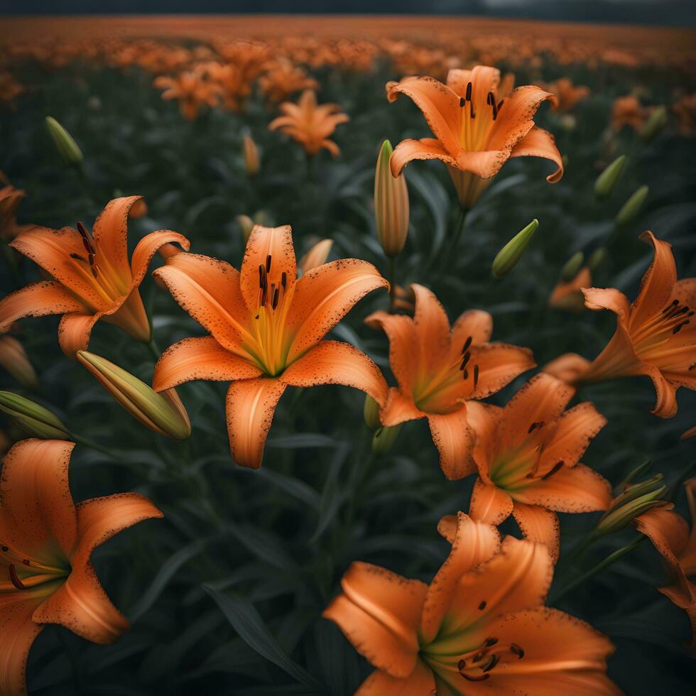 ai generado naranja lirios en un campo de verde césped foto