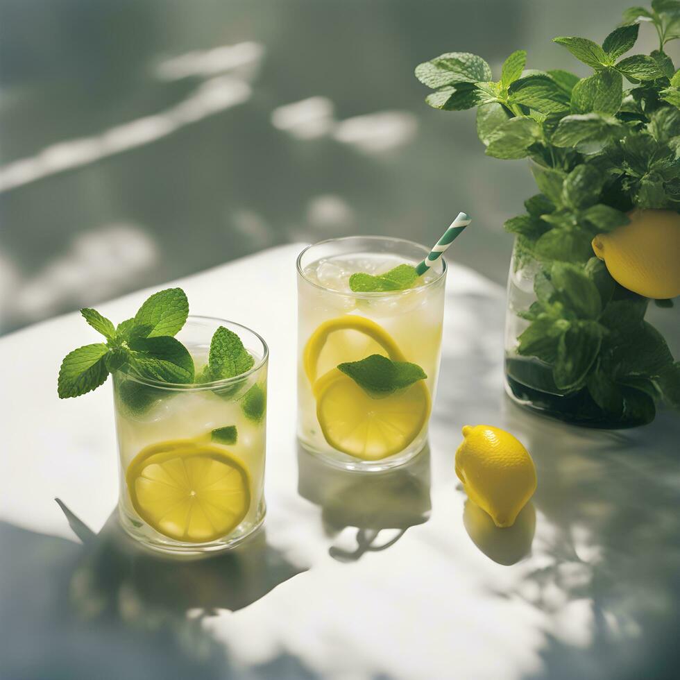 AI generated two glasses of lemonade with mint leaves photo