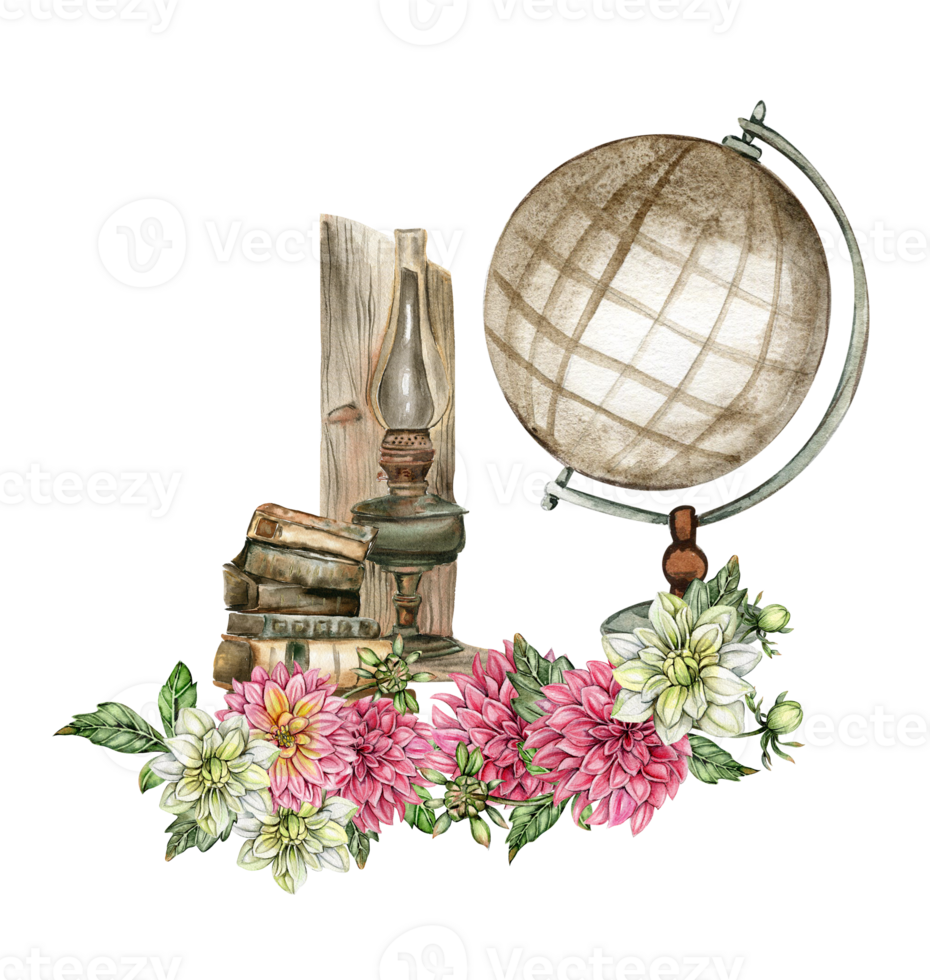 Watercolor rusty old elements and dahlia composition. png