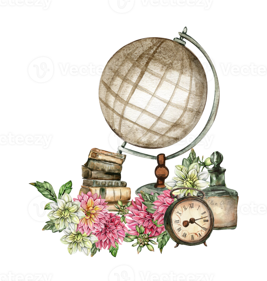 Watercolor rusty old elements and dahlia composition. png