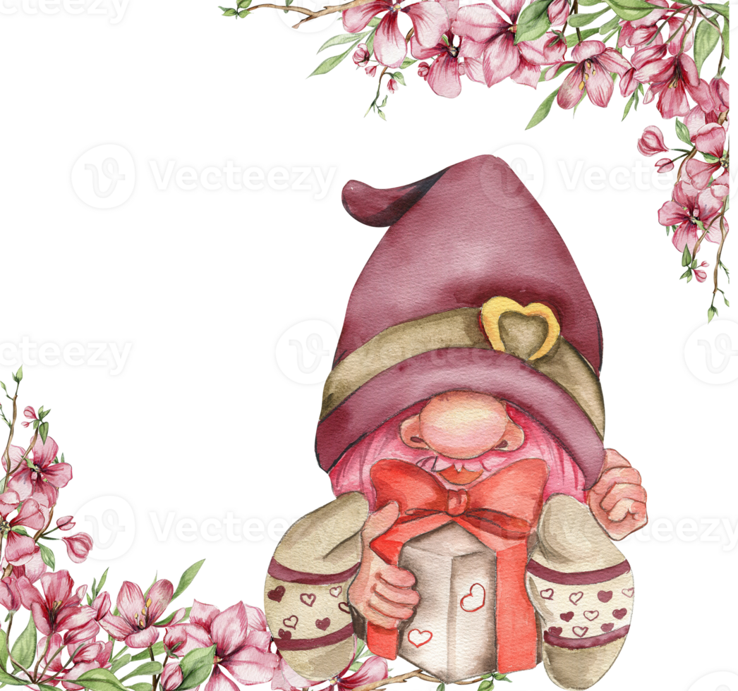 Composition with Valentines Nordic gnomes, Scandinavian gnomes and flowers. png