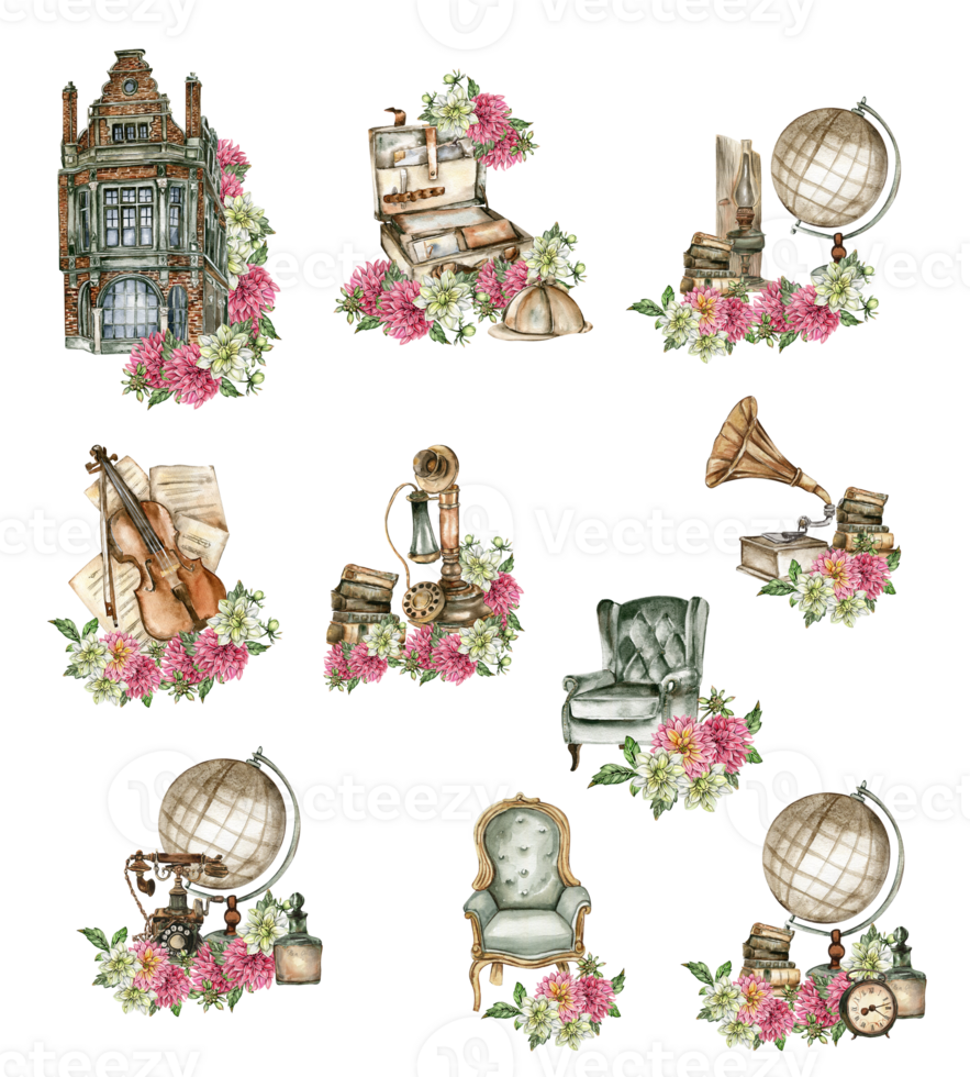Watercolor rusty old elements and dahlia composition. png