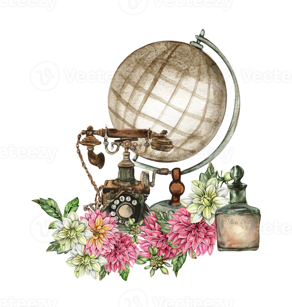 Watercolor rusty old elements and dahlia composition. png