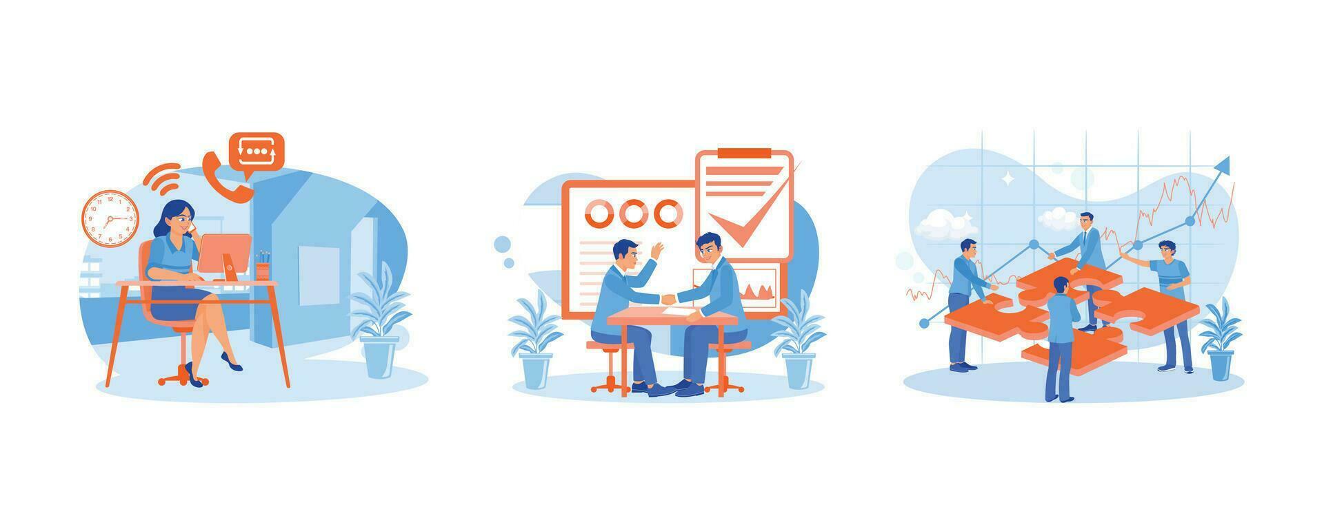 Make calls with clients. Complete the consultation. Teamwork concept. Employee Making concept. Set Flat vector illustration.