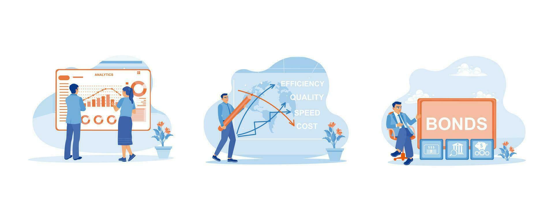 Finance control scenes concept. Analyze company finances. Create and write business concepts. Corporate Bond Banking Financial Market Management. set flat vector modern illustration