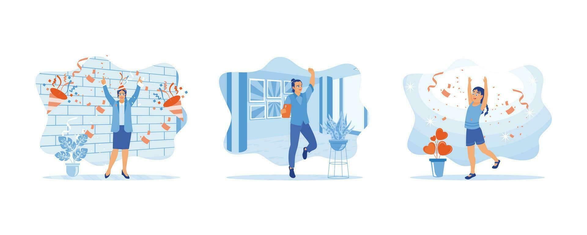 Men and women celebrate happiness together. celebrating a birthday.  celebrating office success. set flat vector illustration.
