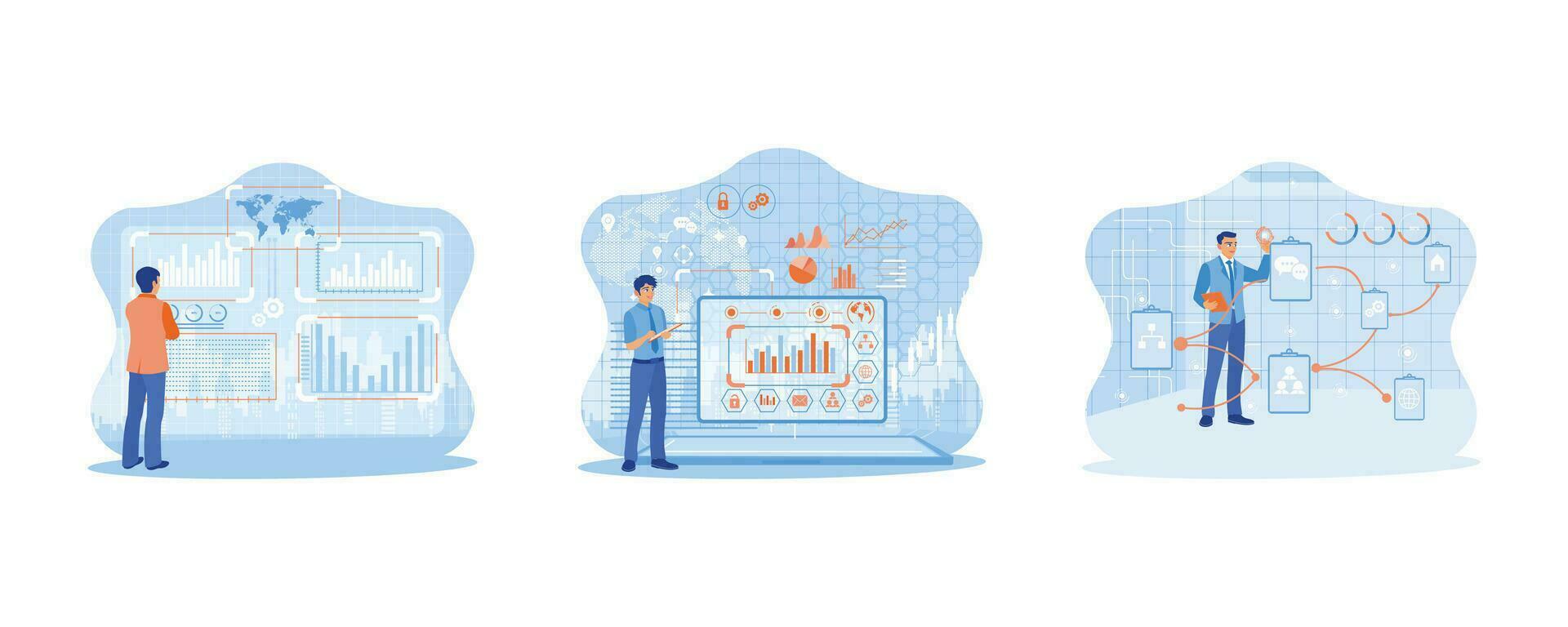 negocio inteligencia tecnología. grande datos concepto. empresario utilizando digital tableta en moderno oficina. conjunto plano vector moderno ilustración