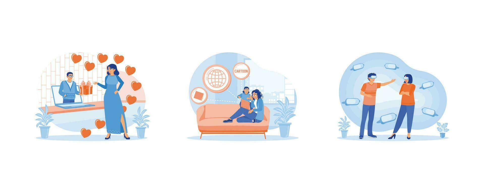 Virtual Relationships concept. Young couple having a virtual date. Mother and daughter watching a movie using a laptop. Young couple using virtual glasses. set flat vector modern illustration