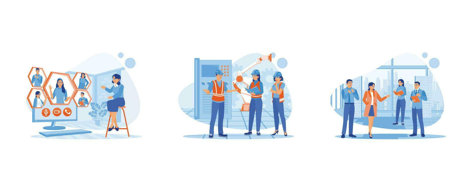 Briefing concept. Employees hold online meetings. The engineer worker listens to the leader's direction. Business people discussing collaborative projects. set flat vector modern illustration