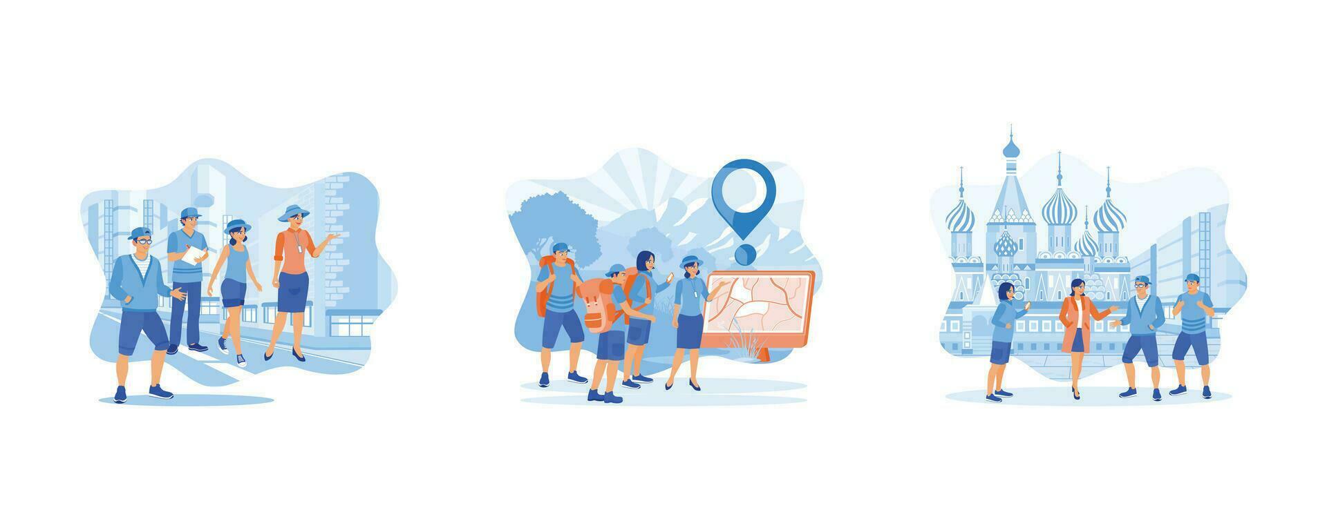 Tourist Guide concept. Group of happy tourists. Listen to the guide about the site. Tour guide on a walking tour. set flat vector modern illustration