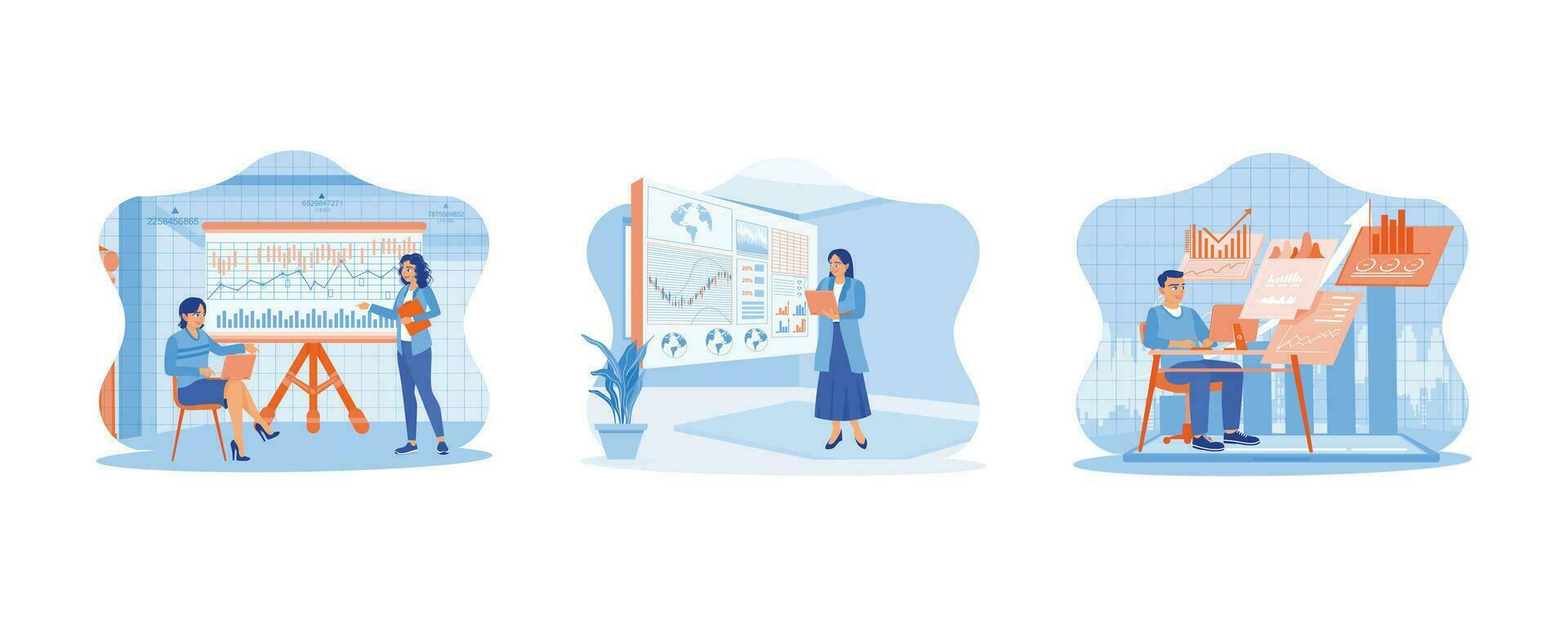 Finanzas y innovación concepto. mujer de negocios con el digital negocio interfaz. hombre sentado en espacio de trabajo en moderno oficina. conjunto plano vector moderno ilustración