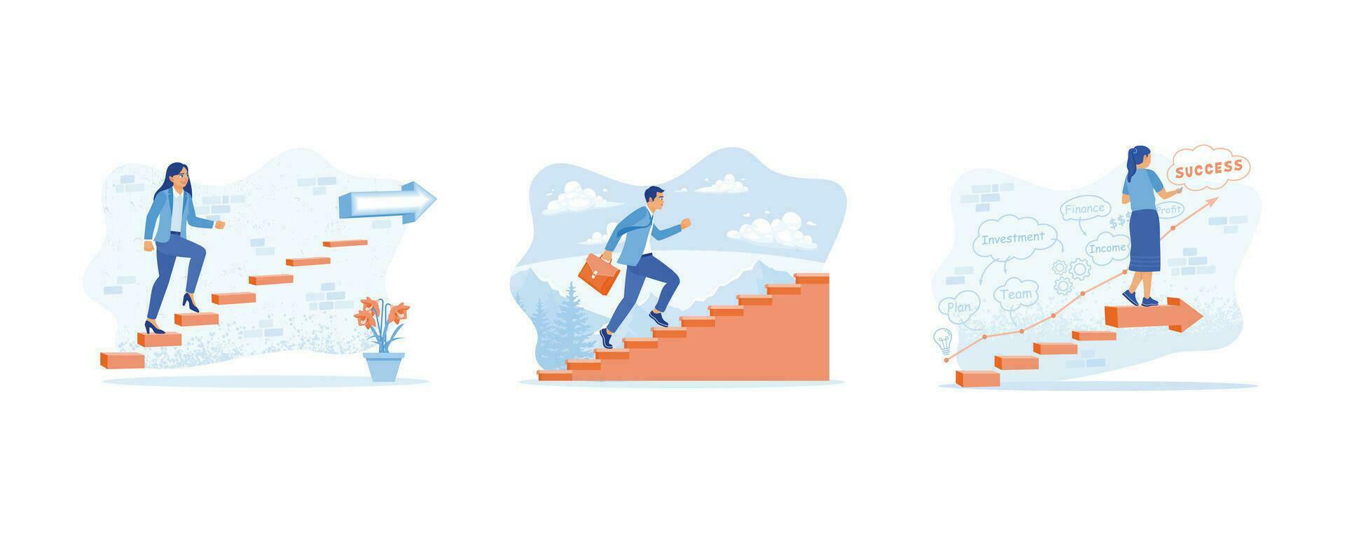 Career Development concept. Climb the stairs to the next level. Walk up the stairs with confidence. Draw a strategic plan for success. set flat vector modern illustration