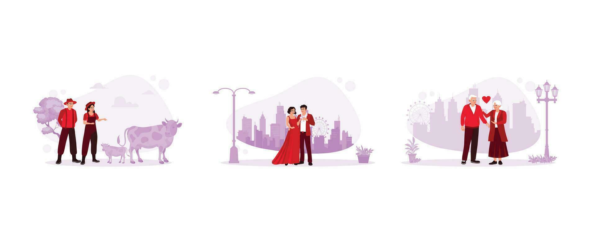 Relationship concept. Cattle farmer couple grazing cows. Young couple holding wine glasses. Senior couple taking a walk together.  set flat vector modern illustration
