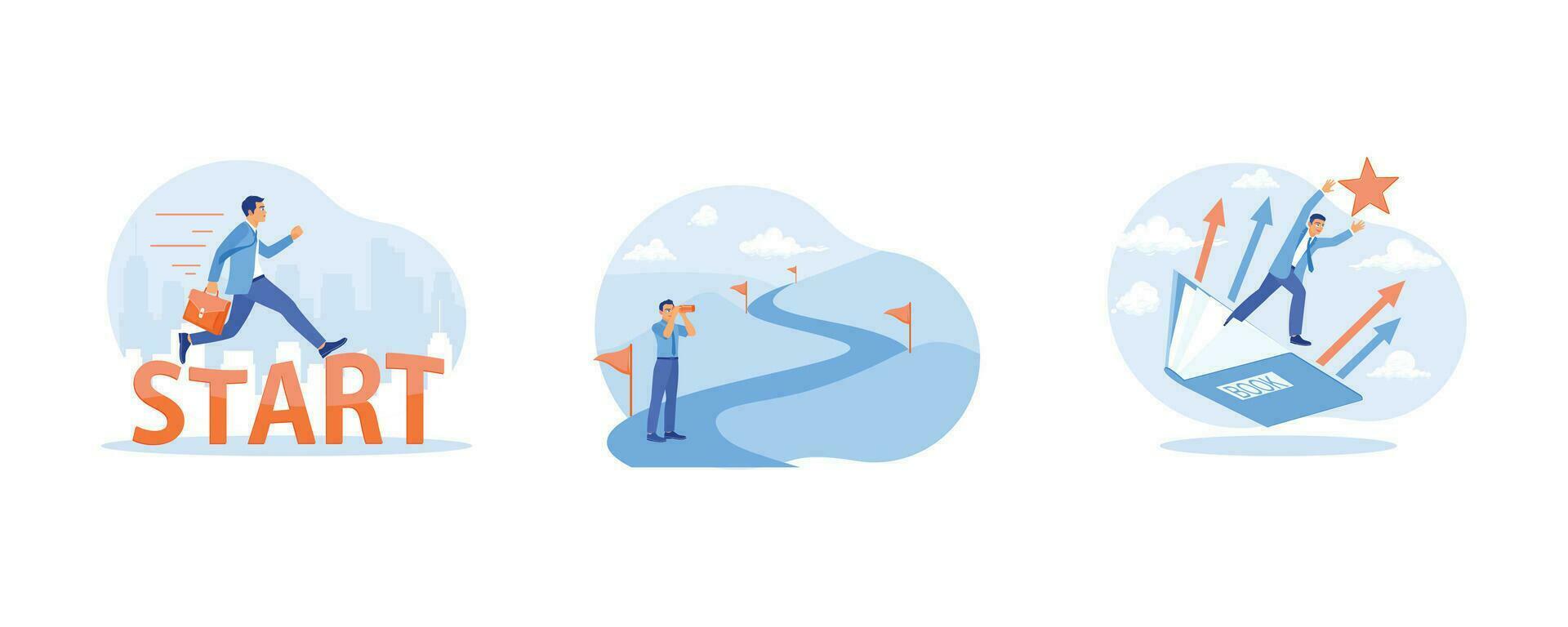 Career Development concept. Walk on the word start. Look at the end of the road using a telescope. A businessman emerges from the book, reaching for the stars. set flat vector modern illustration