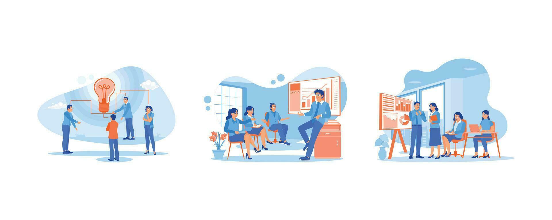 Exchange thoughts and ideas. Describes a new work project. Discuss office financial statistics. Briefings concept. Set Flat vector illustration.