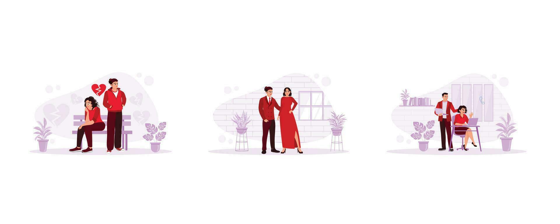 Relationship concept. Young couple quarreling sitting on chairs. Romantic couple doing studio photo. Coworkers using computers. set flat vector modern illustration