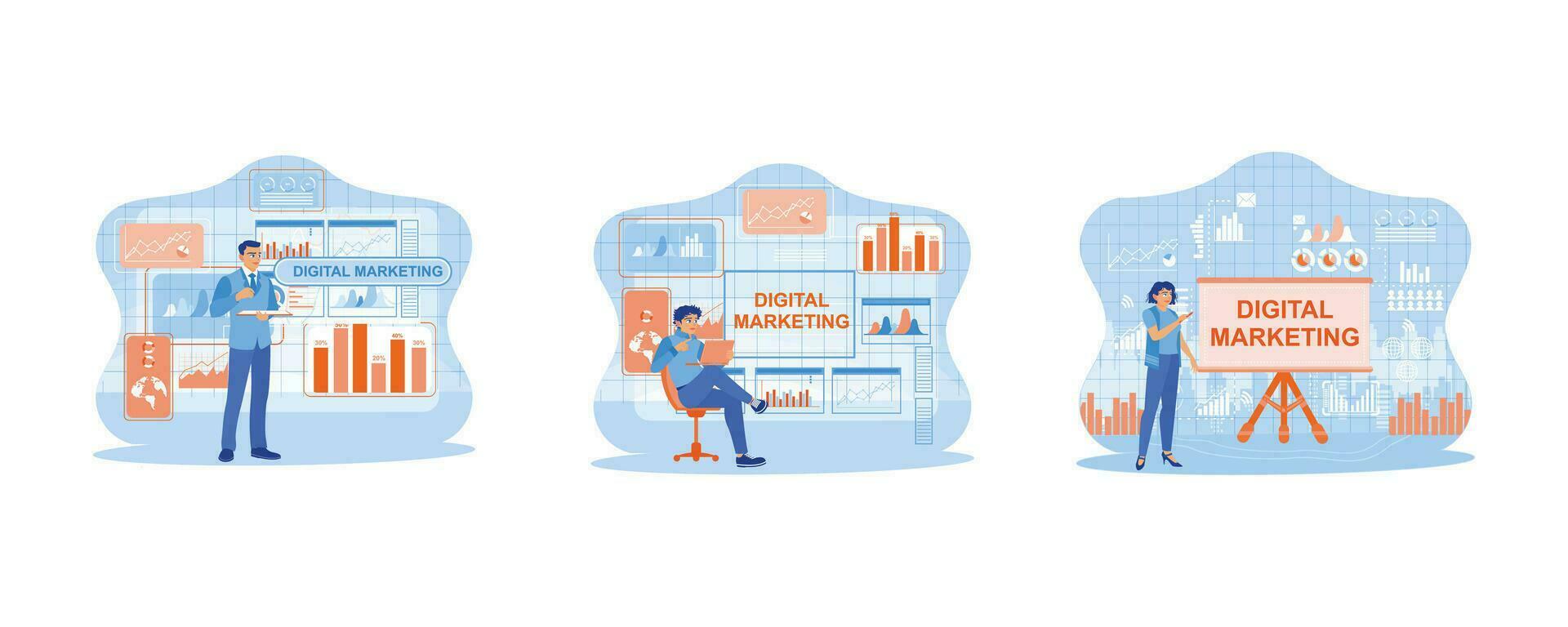 Digital marketing media concept.  Man sitting on a chair holding a laptop. marketing team. Analyze marketing graphics on a virtual screen. set flat vector modern illustration