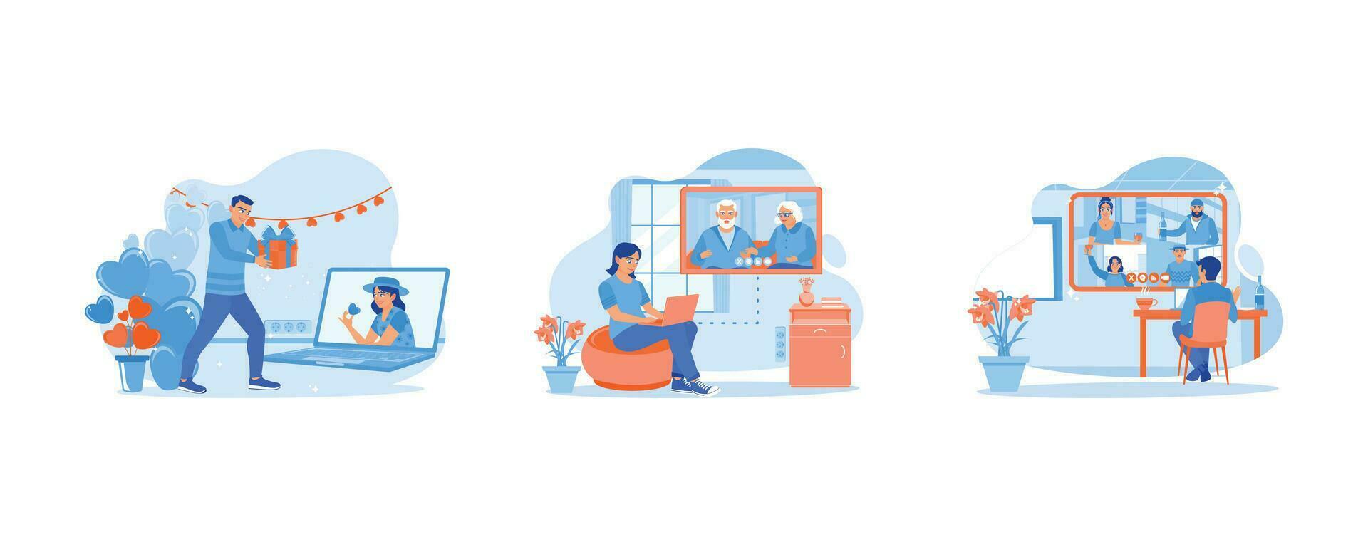 Show prizes online. Online call with his mother and father. Festive online celebration with friends. Virtual Relationships concept. Set Flat vector illustration.