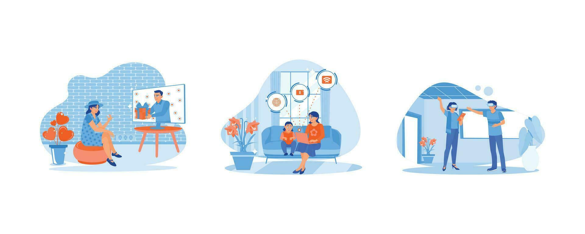 Long-distance relationships and virtual dating. Child and mother surfing the internet. Couple in virtual glasses. Virtual Relationships concept. Set Flat vector illustration.