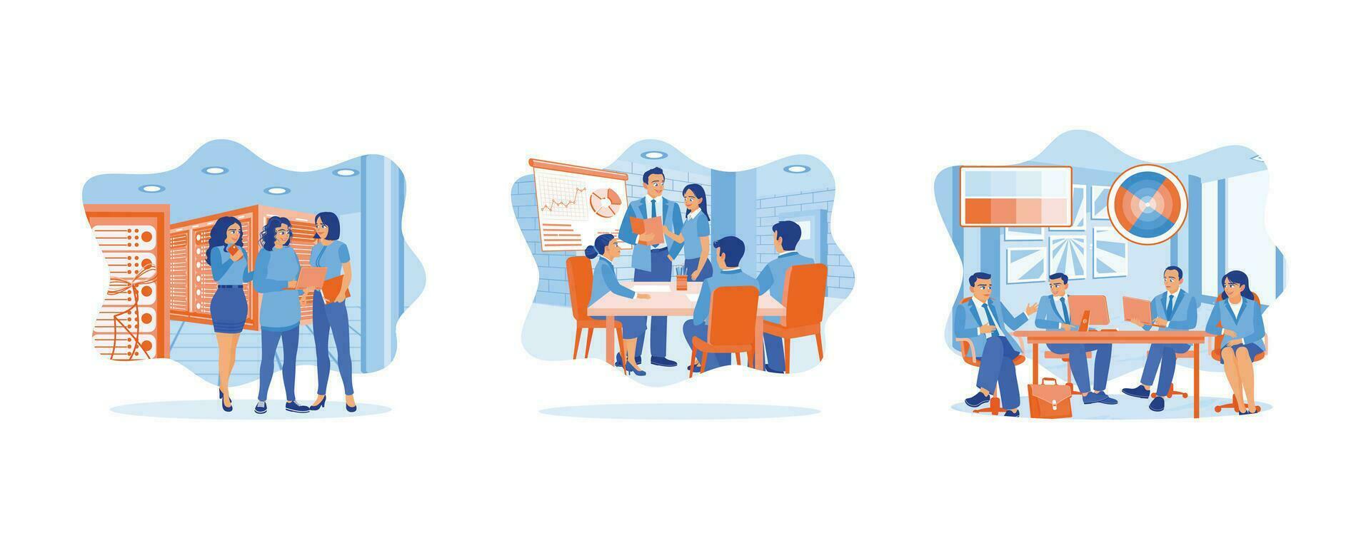 Teamwork meeting concept. Diverse colleagues gather in the presentation room. Business team meeting at the conference table. set flat vector illustration.