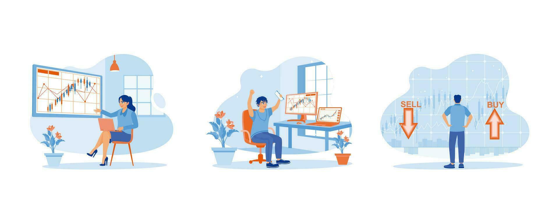 stock trading concept. analyze stock trading index. celebrate trading success. i am selling or buying shares. set flat vector modern illustration