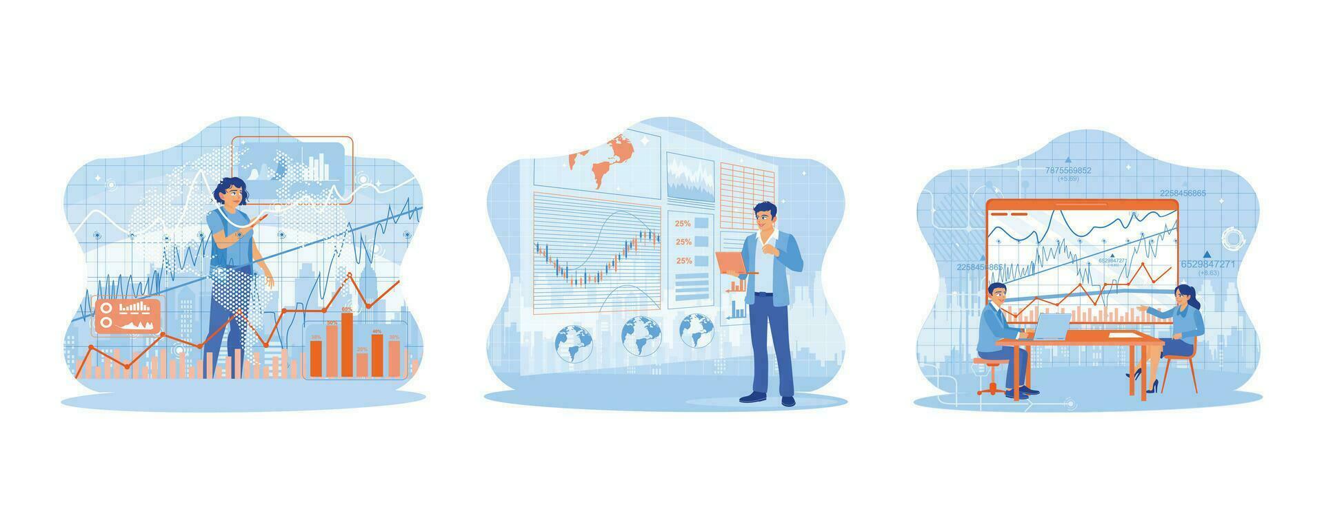 joven mujer utilizando valores mercado comercio gráfico gráfico en pantalla. Finanzas y innovación. dos colegas son sentado en un conferencia habitación. conjunto plano vector moderno ilustración