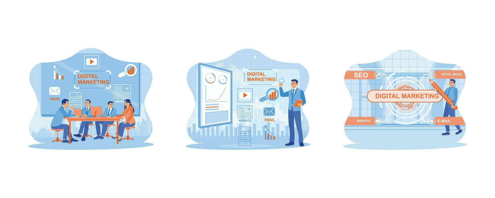 Diverse business people holding meetings in the presentation room.    Digital marketing media. Man using a giant pencil in front of a virtual screen. set flat vector modern illustration