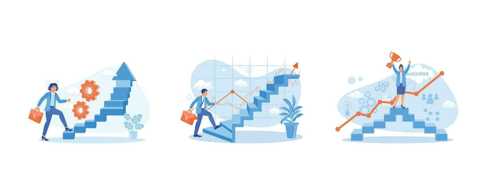 Women get promoted. A businessman walks up carrying a briefcase. Which leads to success. Career Development Concept. Set Flat vector illustration.