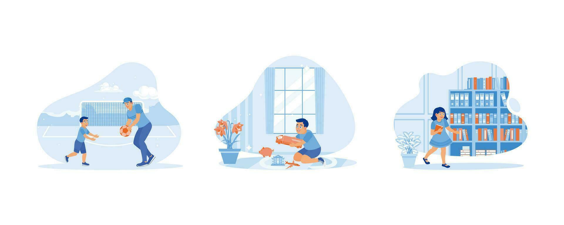 Children's Concept. Father and son playing football. Children playing with cars at home. The little girl is in the school library. set flat vector modern illustration
