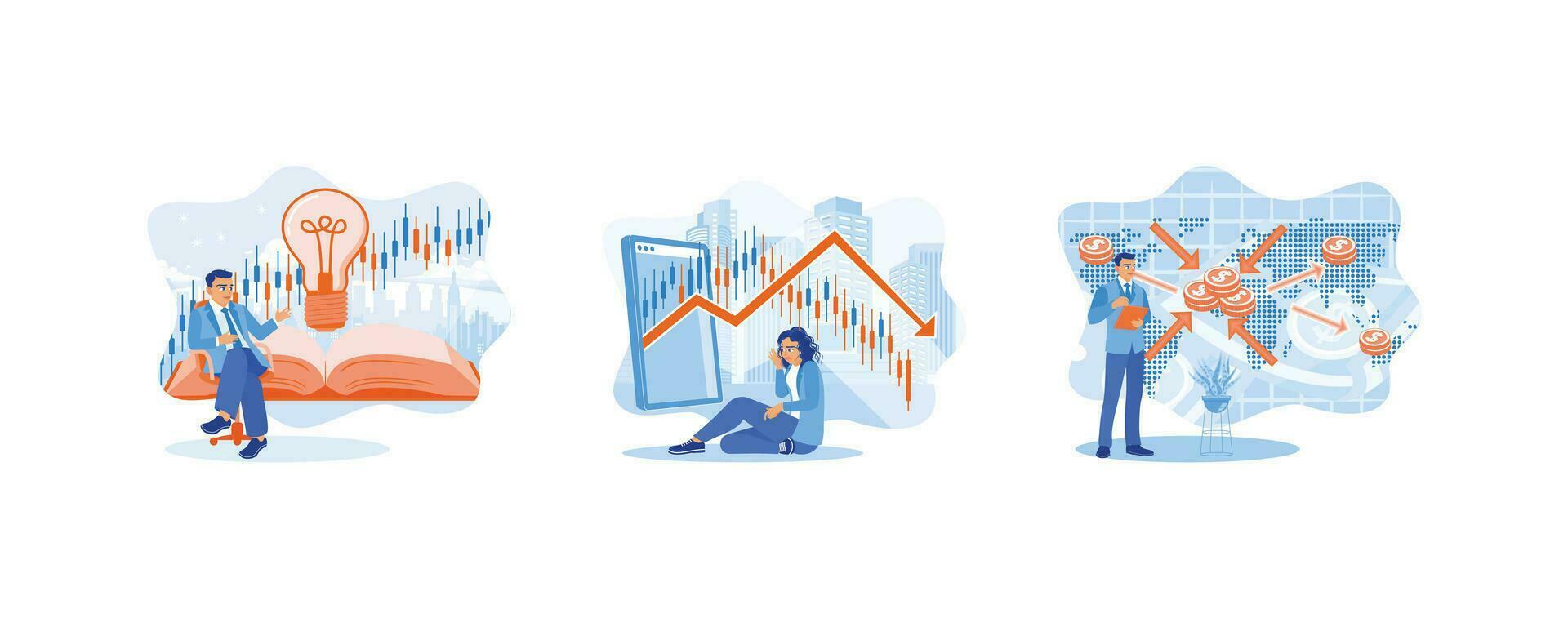 Business analysis concept. financial investment.  Analyze a declining stock market. set flat vector illustration