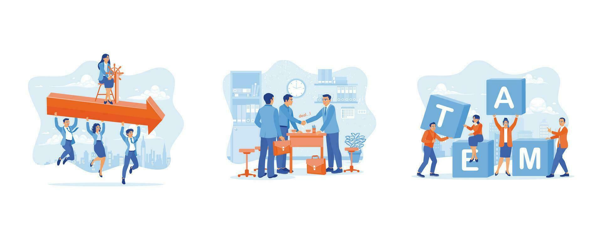 Employee Making concept. Paving the way to success. Negotiation process during the meeting. Connect the blocks with the word TEAM.  set flat vector modern illustration