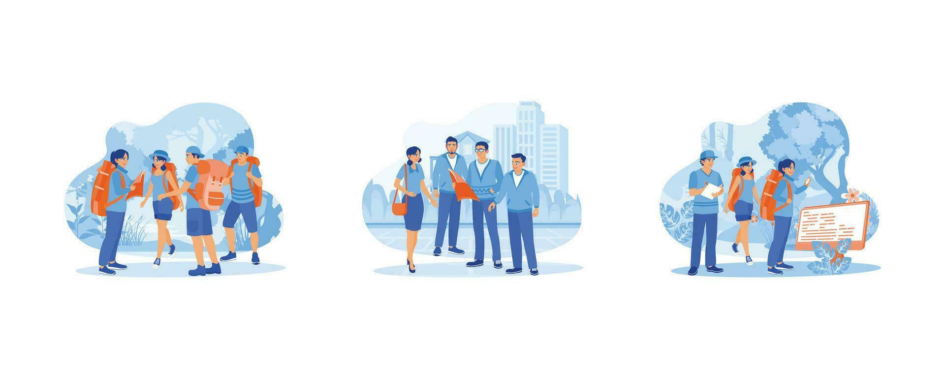 Tourist Guide concept. Traveler tries to find a way. A group of friends explore the city. They were trekking on forest paths. set flat vector modern illustration