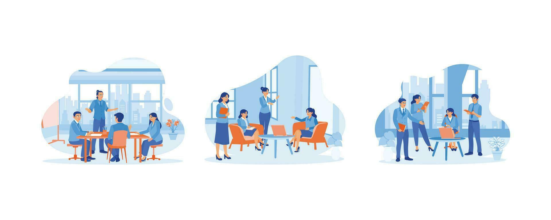 Business people in office workplace concept. Meetings with colleagues, discussions with colleagues. set flat vector modern illustration