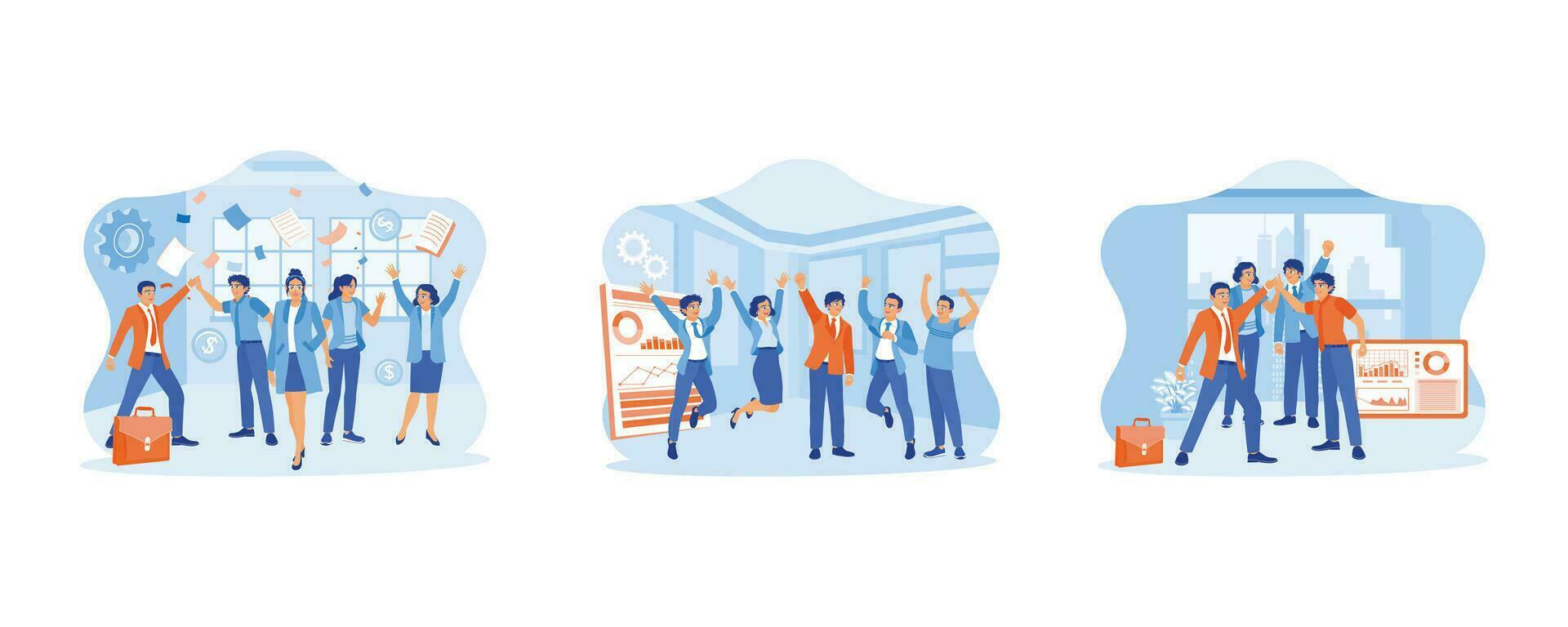 Celebrating concept. Celebrating success in the company. Happy raised his hands and jumped. High-five after finding a solution to a problem. set flat vector modern illustration
