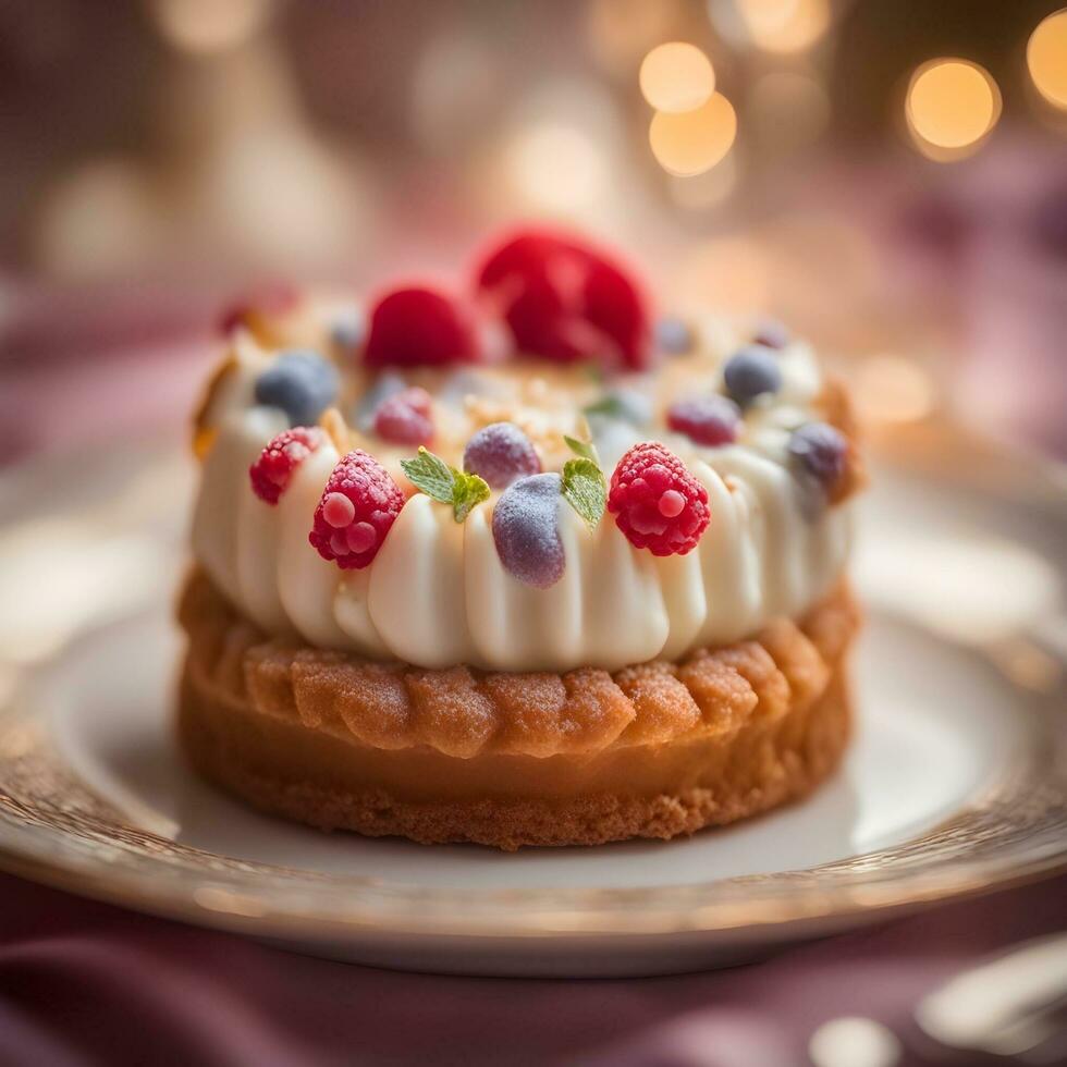 AI generated a dessert on a plate with berries and cream photo