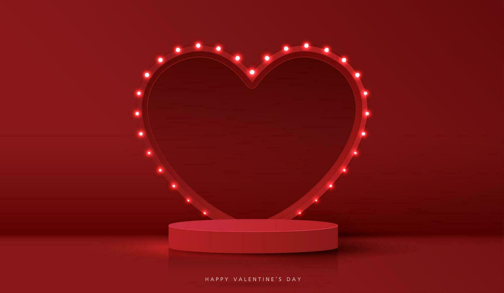 contento san valentin día y etapa podio decorado con corazón forma Encendiendo. pedestal escena con para producto, cosmético, publicidad, espectáculo, premio ceremonia, en rojo antecedentes y ligero. vector diseño.