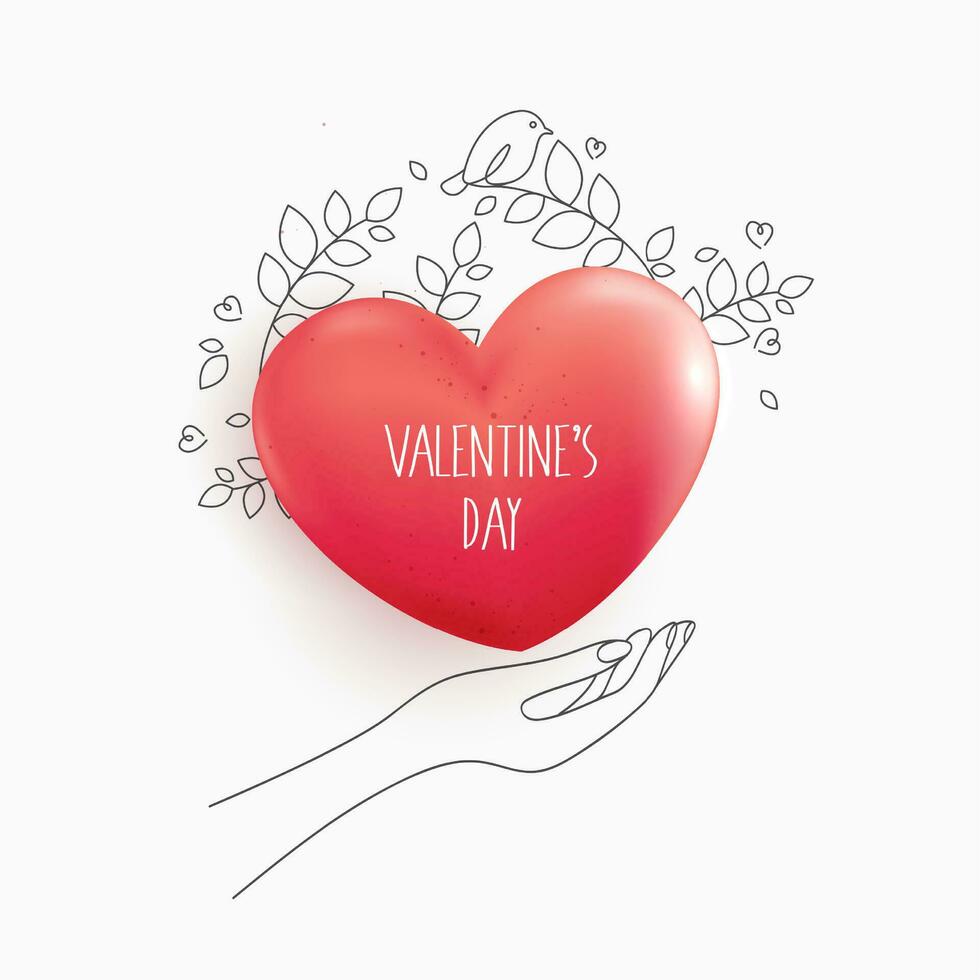 Happy Valentine's day and hands. love heart red, hand, flower line design. decorative abstract background with hand drawn heart. hand written greeting card template for Valentine's day. vector