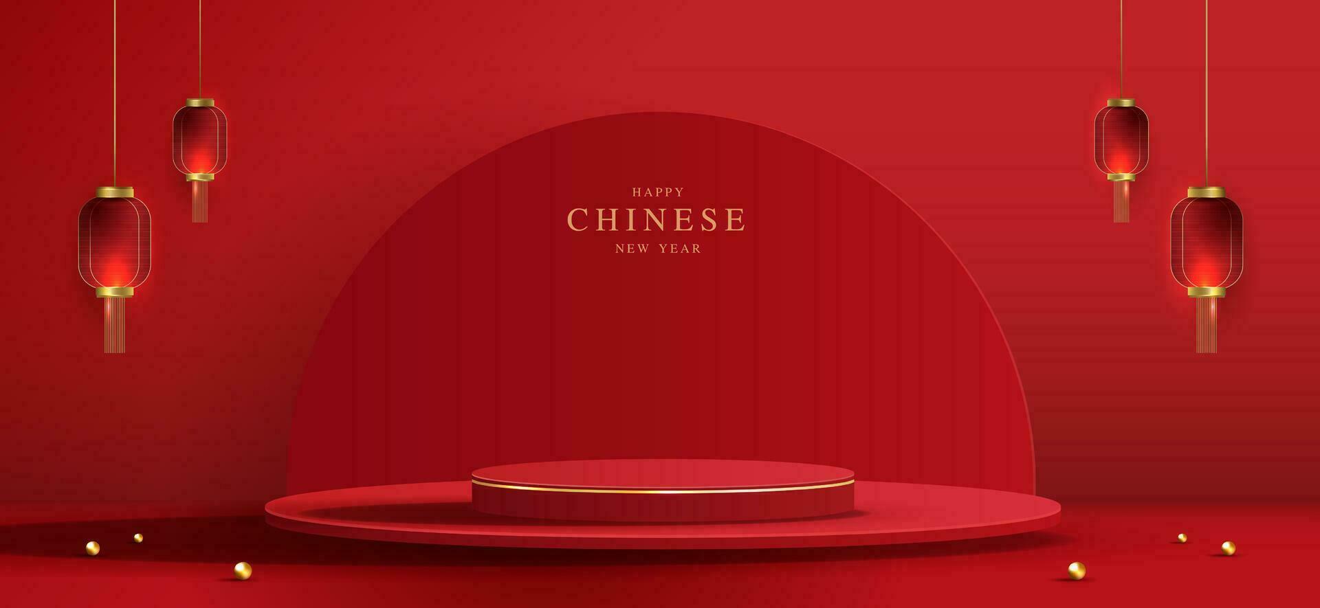 Podium stage chinese style for chinese new year and festivals or mid autumn festival with red background. mock up stage with festive lanterns and clouds. vector design.