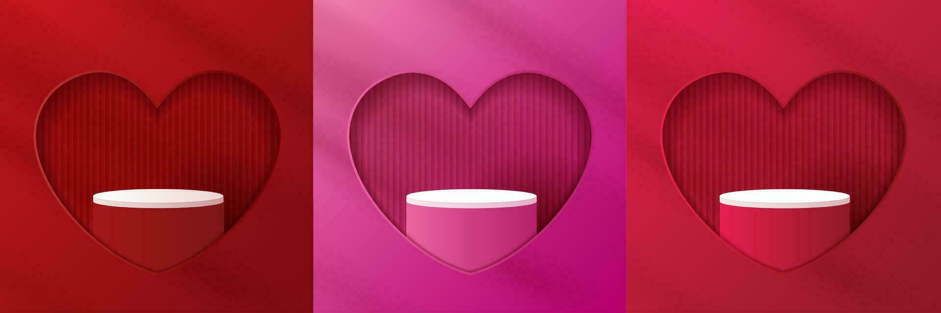 conjunto contento san valentin día y etapa podio decorado con corazón forma Encendiendo. pedestal escena con para producto, cosmético, publicidad, espectáculo, premio ceremonia, en rosado antecedentes. vector diseño.