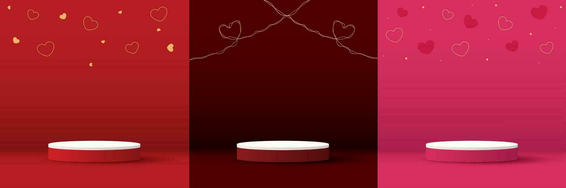 Set happy valentines day and stage podium decorated with heart shape lighting. pedestal scene with for product, cosmetic, advertising, show, award ceremony, on pink and red background. vector design.