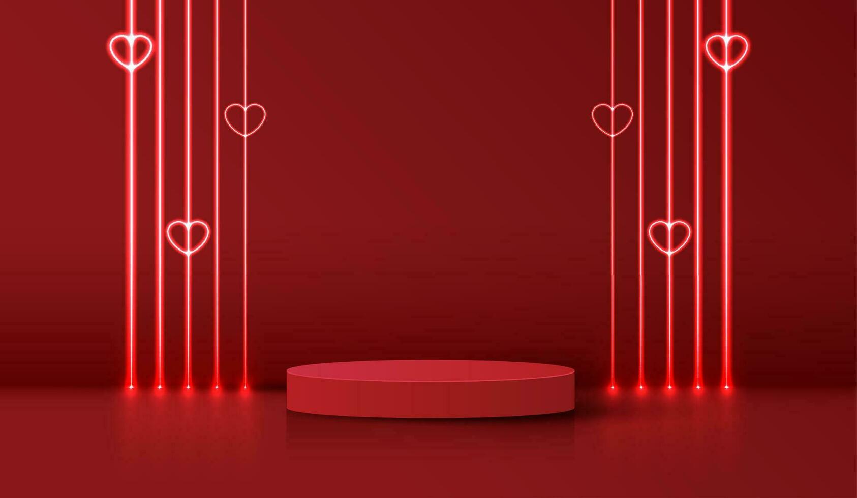 contento san valentin día y etapa podio decorado con corazón forma. pedestal escena con para producto, cosmético, publicidad, espectáculo, premio ceremonia, en rojo antecedentes y ligero. vector diseño.