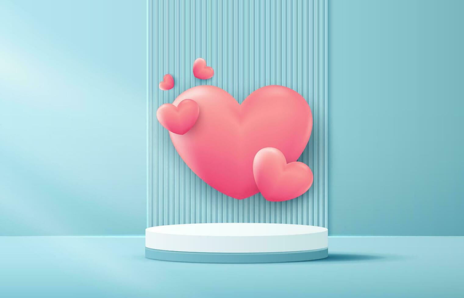 contento san valentin día y etapa podio decorado con corazón forma Encendiendo. pedestal escena con para producto, cosmético, publicidad, espectáculo, premio ceremonia, en azul antecedentes. vector diseño.