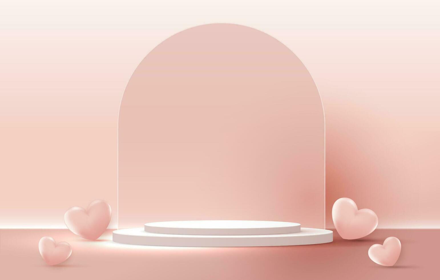 contento san valentin día y etapa podio decorado con corazón forma. pedestal escena con para producto, cosmético, publicidad, espectáculo, premio ceremonia, en rosado antecedentes y ligero. vector diseño.