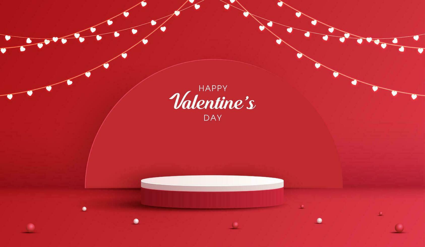 contento san valentin día y etapa podio decorado con corazón forma Encendiendo. pedestal escena con para producto, cosmético, publicidad, espectáculo, premio ceremonia, en rojo antecedentes y ligero. vector diseño.