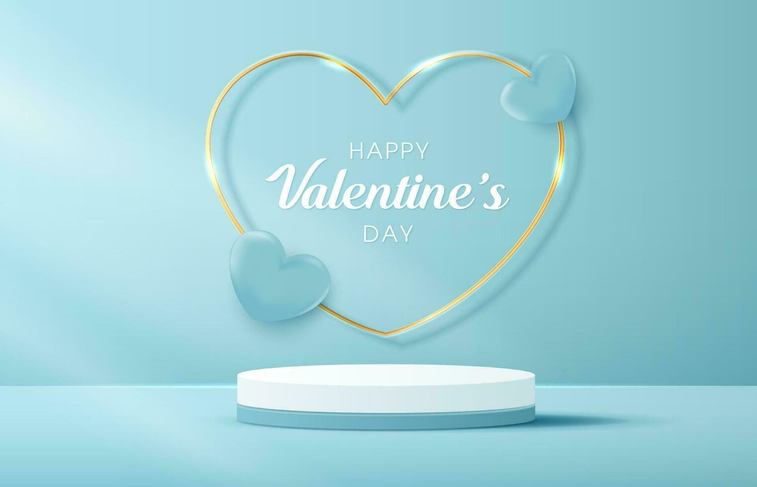 Happy valentines day and stage podium decorated with heart shape lighting. pedestal scene with for product, cosmetic, advertising, show, award ceremony, on blue background. vector design.