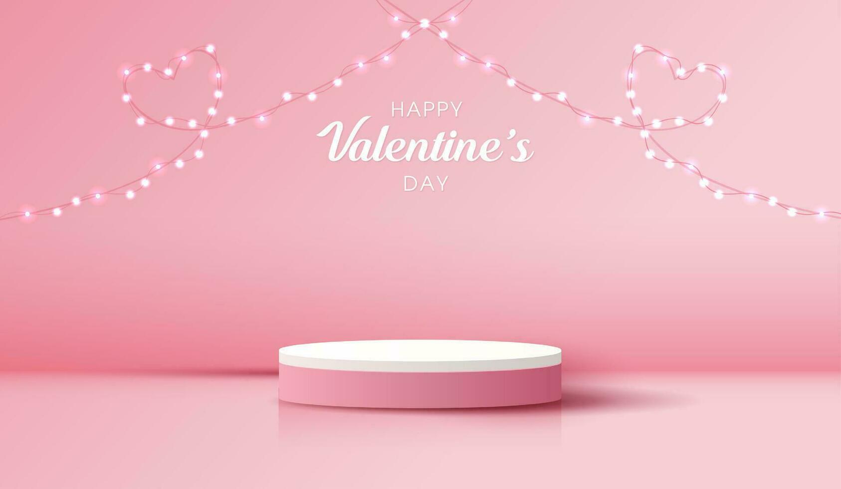 contento san valentin día y etapa podio decorado con corazón forma. pedestal escena con para producto, cosmético, publicidad, espectáculo, premio ceremonia, en rosado antecedentes y ligero. vector diseño.